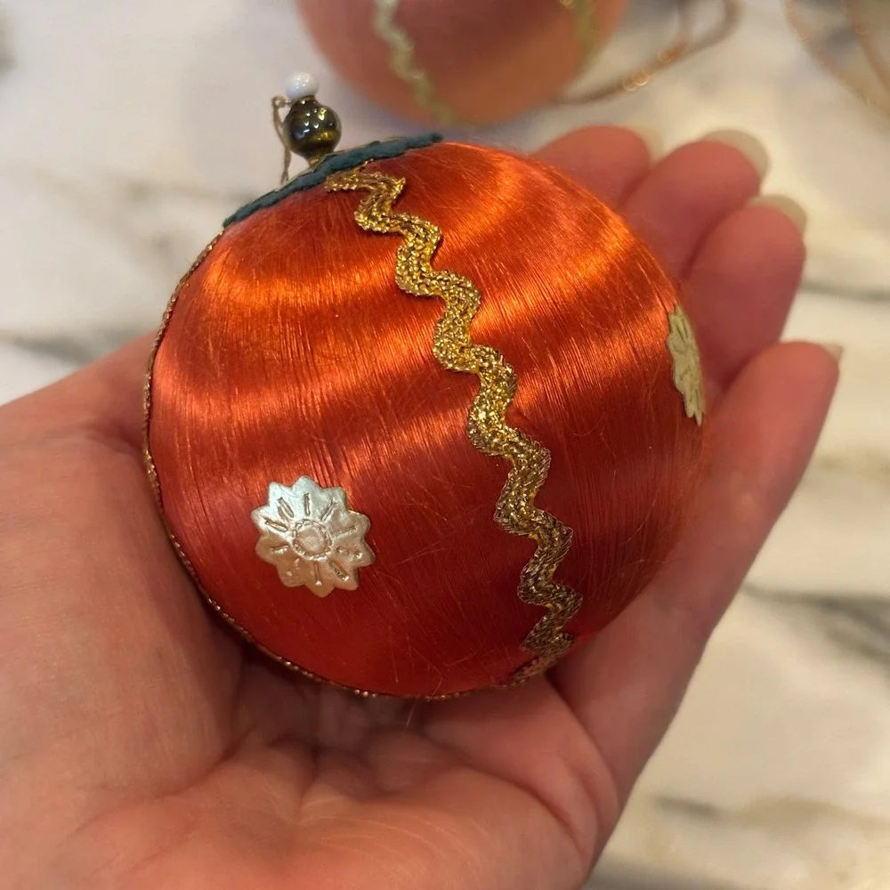 Vintage Satin Thread Rickrack Trim Christmas Ornaments 5pc Multicolor